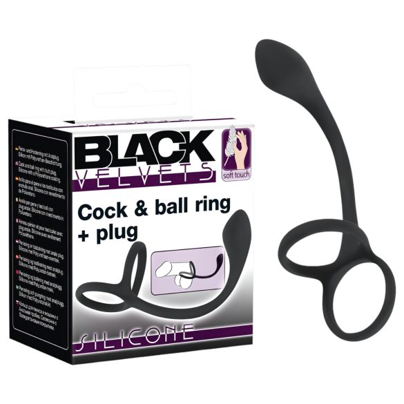 Black Velvet - schlanker Analdildo mit Penis- und Hodenring (schwarz)