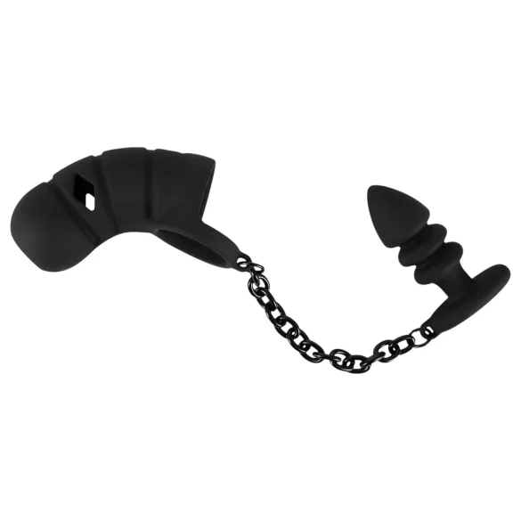 Black Velvets - Silikon Peniskäfig mit Analplug (schwarz)