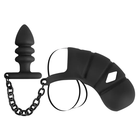 Black Velvets - Silikon Peniskäfig mit Analplug (schwarz)
