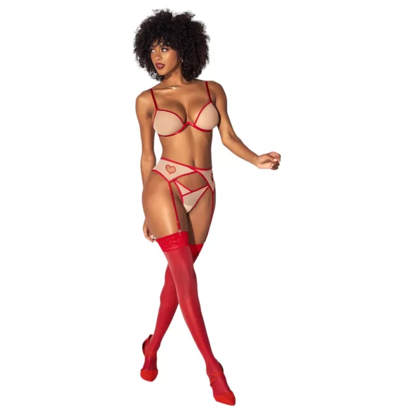 Mapalé - 3-teiliges BH-Set mit Ausschnitten (Rot-Natur) - (S/M)