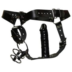 ZADO - Leder Tanga mit Dildo, 3 Penisringen - L/XL