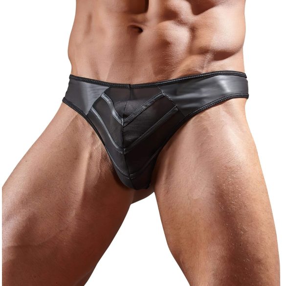 Glänzender Herren-Tanga mit transparentem Einsatz (schwarz) - XL