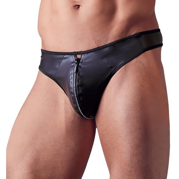 Svenjoyment - glänzender Herren-String mit Strass-Reißverschluss (schwarz) - M