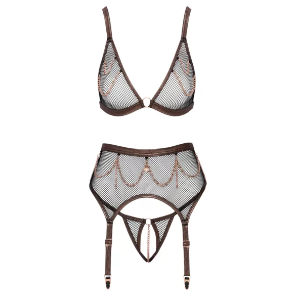 Abierta Fina - dreiteiliges Netz-Strapsset (schwarz)