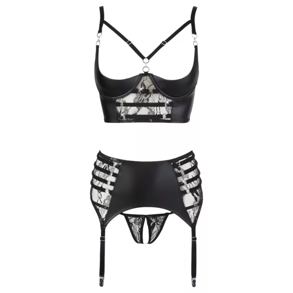 Abierta Fina - funkelndes Dessous-Set mit Trägern und Spitze (schwarz)
