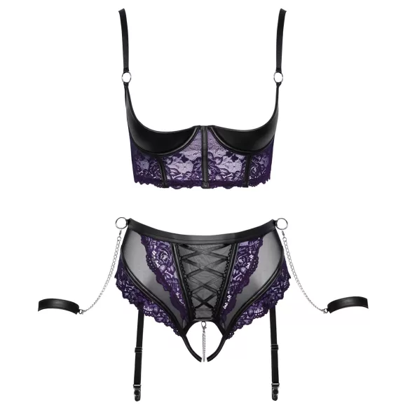 Cottelli Bondage - BH-Set und Handfesseln (schwarz-lila)