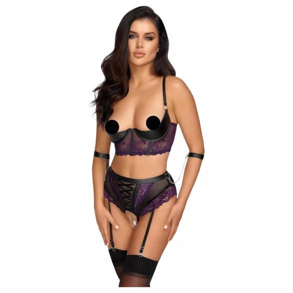 Cottelli Bondage - BH-Set und Handfesseln (schwarz-lila) - M