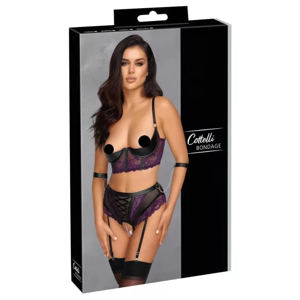 Cottelli Bondage - BH-Set und Handfesseln (schwarz-lila) - M