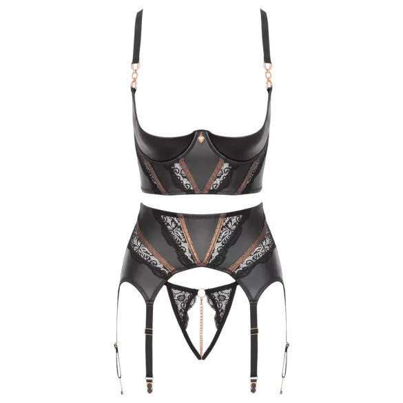 Abierta Fina - dreiteiliges Spitzen-Set mit Strapsen (schwarz) - 80B/M