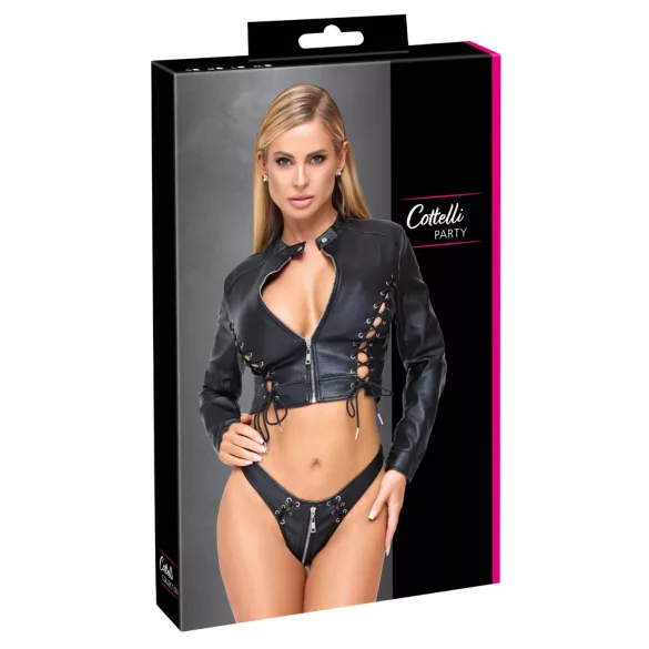 Cottelli - kurzes Kunstleder-Jäckchen und Tanga-Set (schwarz) - L