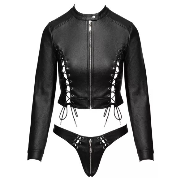 Cottelli - kurzes Kunstleder-Jäckchen und Tanga-Set (schwarz) - L