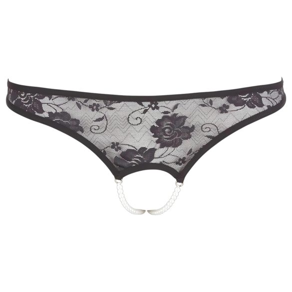 Cottelli - Perlenverzierte offene Spitzen-Tanga (schwarz) - XL