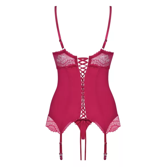 Obsessive Rosalyne - Oberteil mit Strapsen und Schnürung, mit String (purpurrot) - S/M