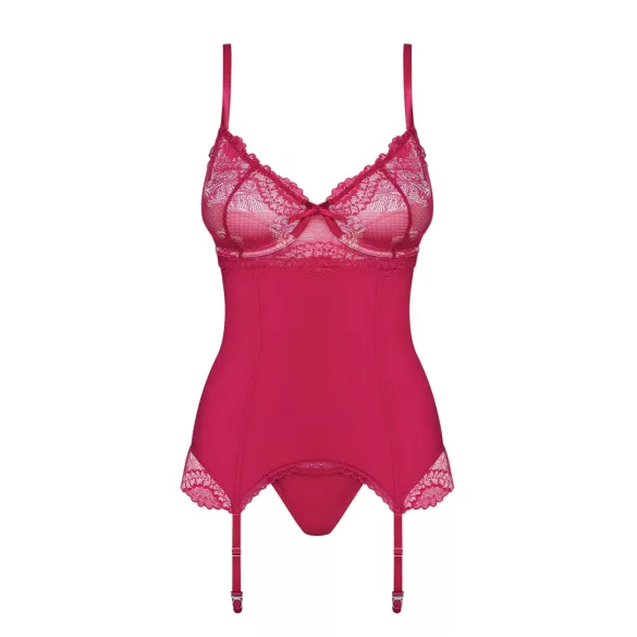 Obsessive Rosalyne - Oberteil mit Strapsen und Schnürung, mit String (purpurrot) - S/M