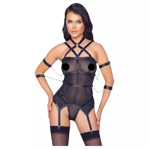 Cottelli Bondage - Oberteil mit Gurten, Handfesseln & String (schwarz)