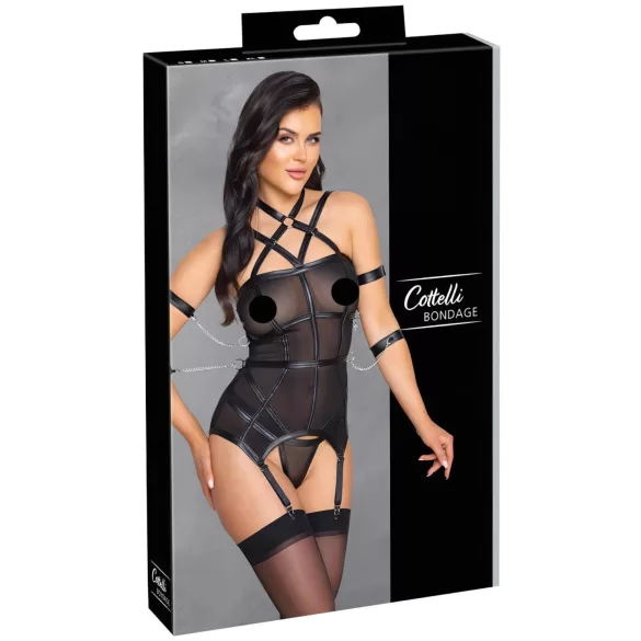 Cottelli Bondage - Oberteil mit Gurten, Handfesseln & String (schwarz)