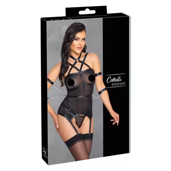 Cottelli Bondage - Oberteil mit Gurten, Handfesseln & String (schwarz) - M