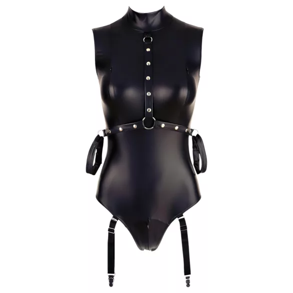Cottelli Bondage - Ärmeloser, glänzender Body & Armfessel (Schwarz)