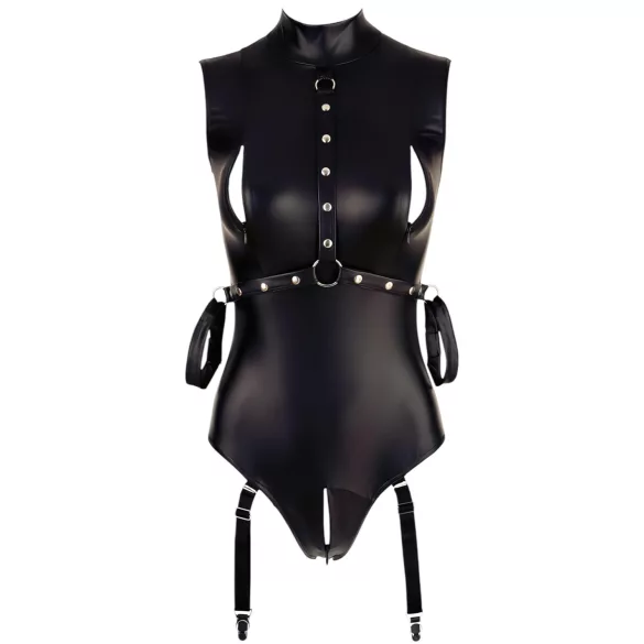 Cottelli Bondage - Ärmeloser, glänzender Body & Armfessel (Schwarz)
