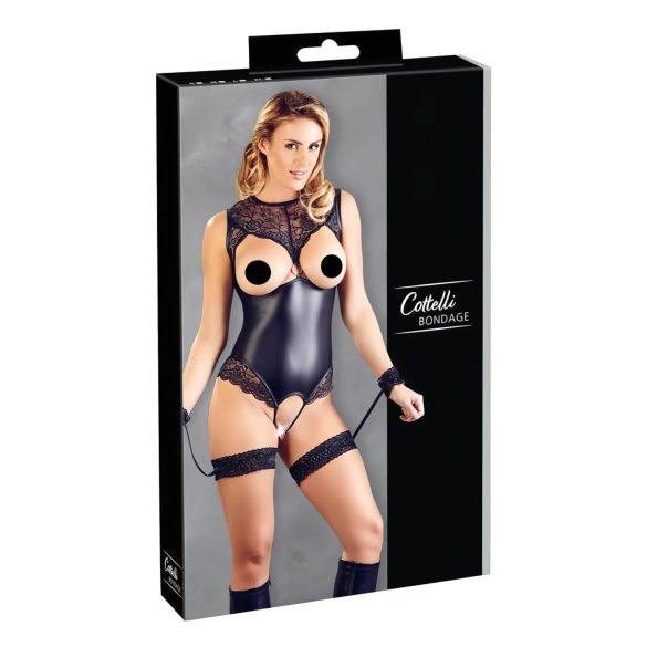 Cottelli Bondage - Glänzender Body mit offenen Cups & Handfesseln (Schwarz)