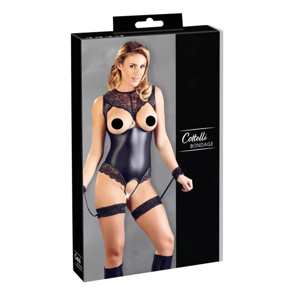 Cottelli Bondage - Glänzender Offener Body & Handfesseln (Schwarz) - M