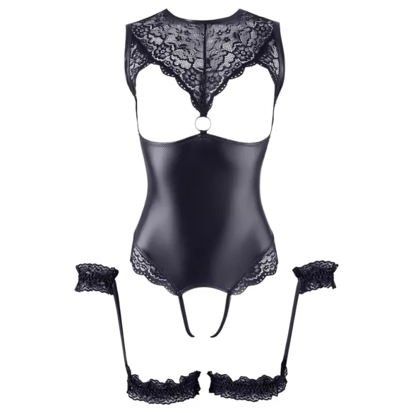 Cottelli Bondage - Glänzender Offener Body & Handfesseln (Schwarz) - XL