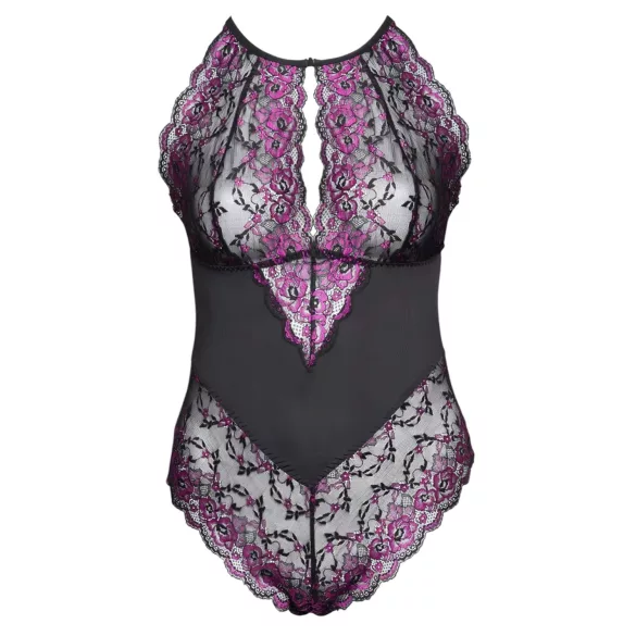 Cottelli Plus Size - Blumen-Body (schwarz-lila)