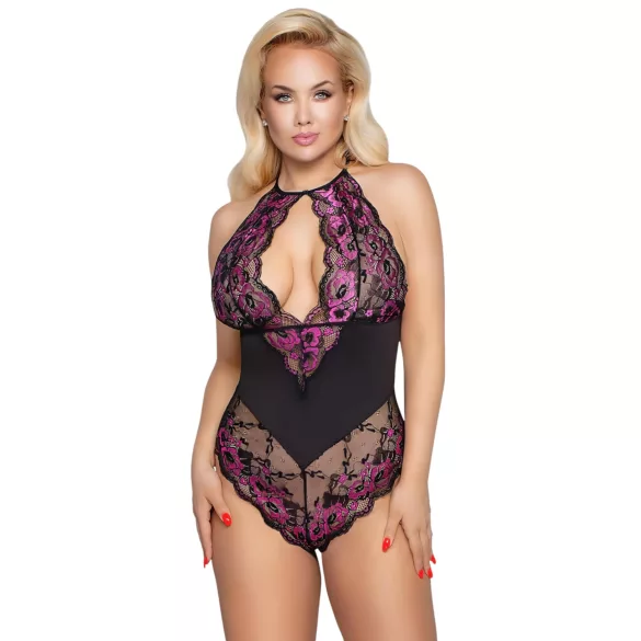 Cottelli Plus Size - Blumen-Body (schwarz-lila) - 4XL
