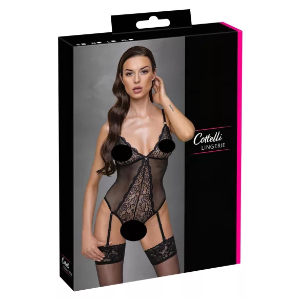 Cottelli - Strumpfhalter, Spitzen-Body mit offenem Design (schwarz) - M