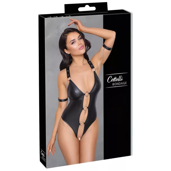 Cottelli Bondage - Glänzender, offener Body mit Ringen (schwarz)