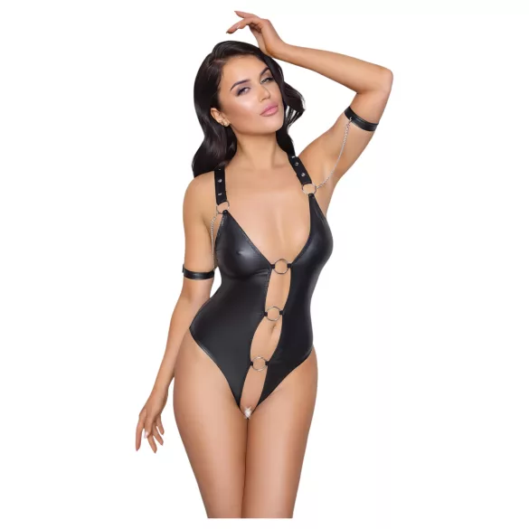 Cottelli Bondage - Glänzender, offener Body mit Ringen (schwarz) - L