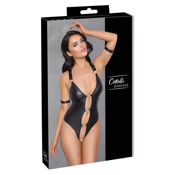 Cottelli Bondage - Glänzender, offener Body mit Ringen (schwarz) - XL