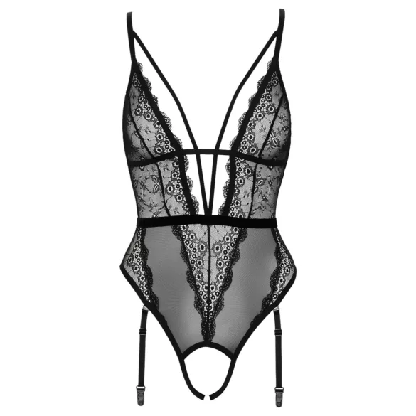 Cottelli - Offener, riemchen Body mit Strumpfhalter (schwarz)