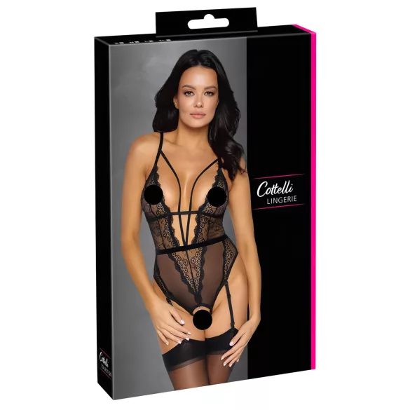 Cottelli - Offener, riemchen Body mit Strumpfhalter (schwarz) - L