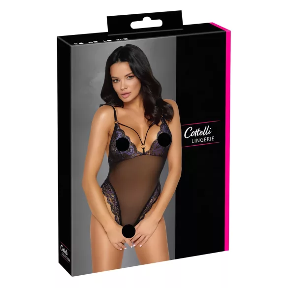 Cottelli - bestickter, offener Spitzenbody (schwarz-lila) - L