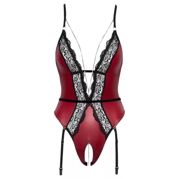 Abierta Fina - Offener Body mit Strumpfhalter (Schwarz-Rot)