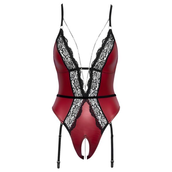 Abierta Fina - Offener Body mit Strumpfhalter (Schwarz-Rot) - M