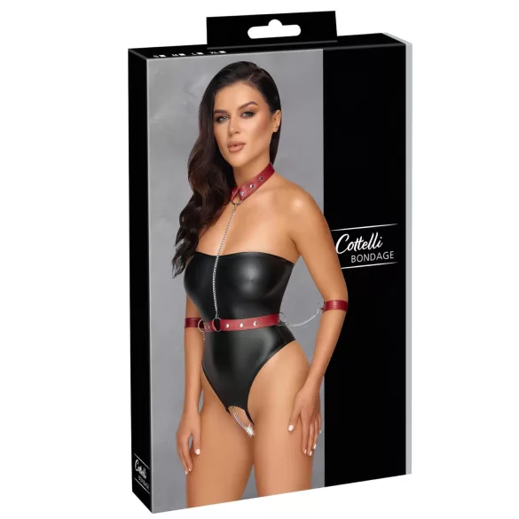 Cottelli Bondage - glänzender Body und Armfesseln (schwarz) - M