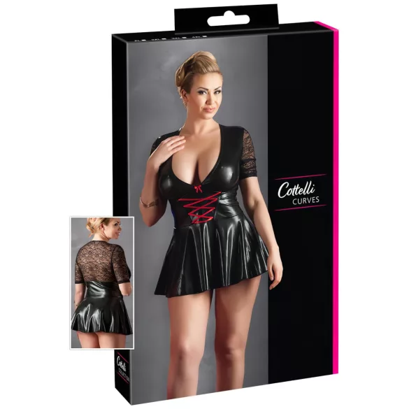 Cottelli Plus Size - Glänzendes Kleid mit rotem Korsett (schwarz) - XXL