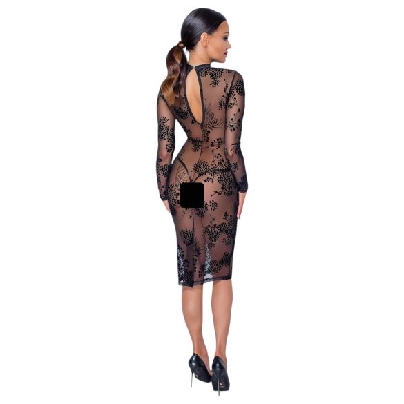 Noir - Transparenz & Blumen: Langarmkleid (Schwarz) - M
