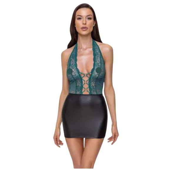 Cottelli - glänzendes Spitzenkleid mit Schnürung (schwarz-grün) - M