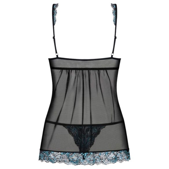 Obsessive Amanta - Stickerei-Babydoll und String (Schwarz-Türkis) - L/XL