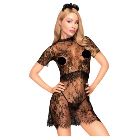 Penthouse Poison Cookie - Spitzenkleid, Tanga und Haarschmuck (schwarz)