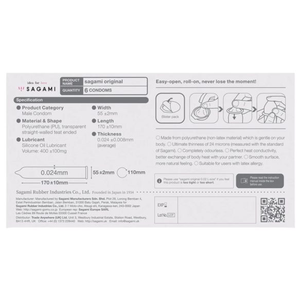 Sagami Original 0.02 - Kondom - 55mm (6 Stück)