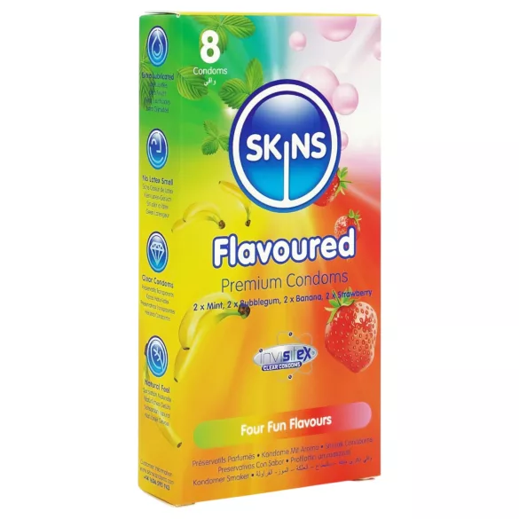 Skins - aromatisierte Kondome - Minze, Kaugummi, Banane, Erdbeere (8 Stück)