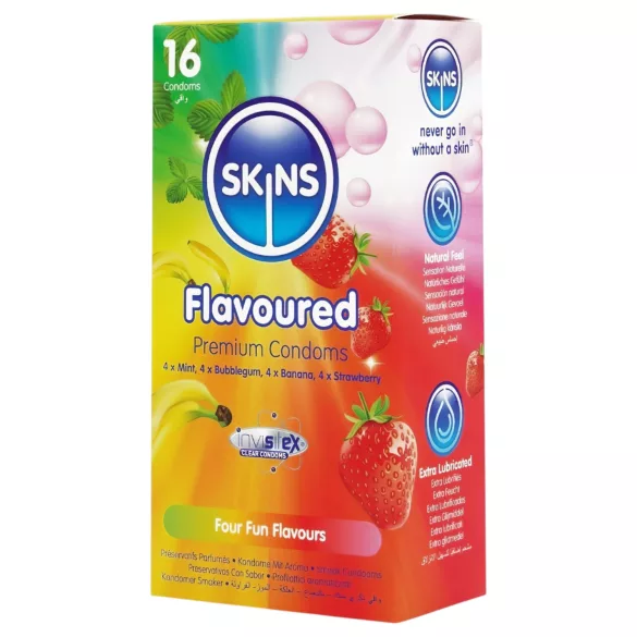 Skins - aromatisierte Kondome - Minze, Kaugummi, Banane, Erdbeere (16 Stk.)
