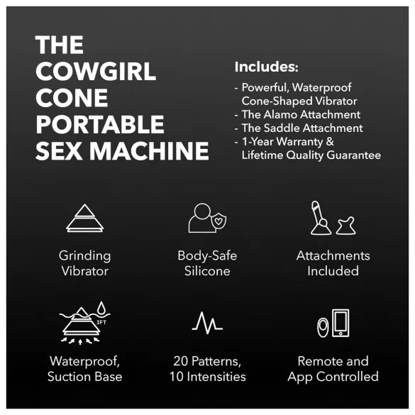 The Cowgirl Cone - App-gesteuerte Premium-Sexmaschine - mit 2 austauschbaren Aufsätzen, 20 Vibrationsmodi (schwarz)