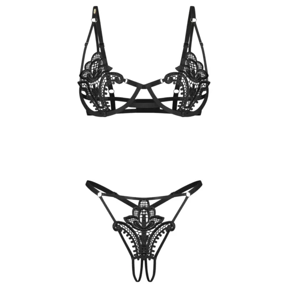 Obsessive Luise - zweiteiliges Dessous-Set mit Tulpenmuster (schwarz) - L/XL