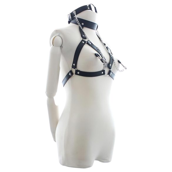 Latetobed - Geschirr mit Mundknebel und Brustwarzenklemmen (schwarz)