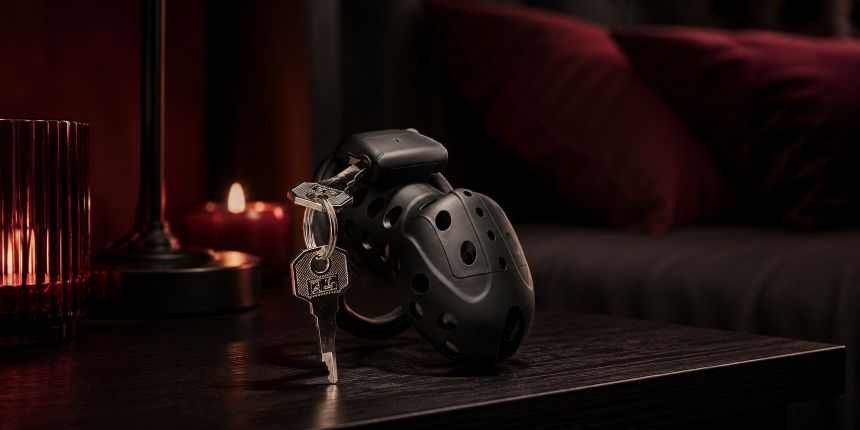 Schwarzer Keuschheitskäfig mit Schlüsseln auf einem Nachttisch, abgebildet im lovesexshop.ch Sexshop-Ratgeber